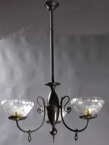 3-Arm Art Nouveau Gas Fixture with Casted Birdlike Arm backs